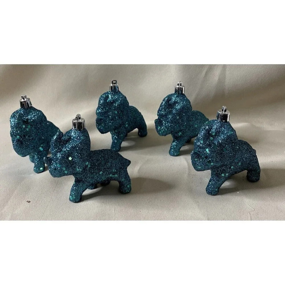 Triceratops Dinosaur Neon Blue Glittery Holiday Christmas Ornaments NEW Set Of 5